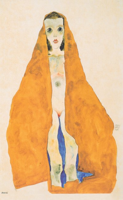 Young Girl Nude in Ochre Cloth by Egon Schiele